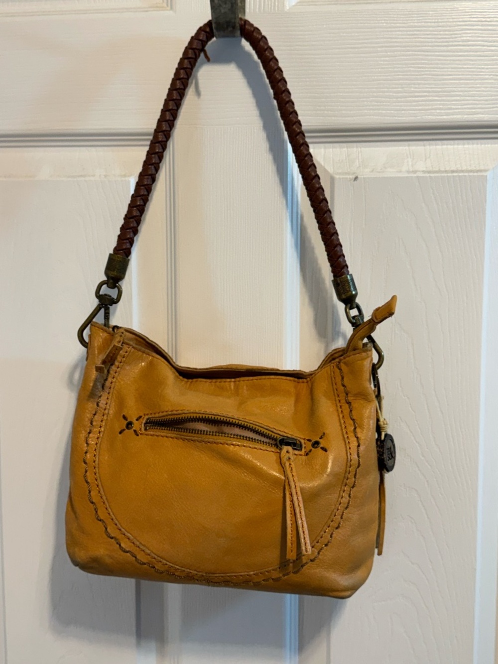 The Sak Mustard Yellow Leather Shoulder Bag Braided Handle Boho Hobo